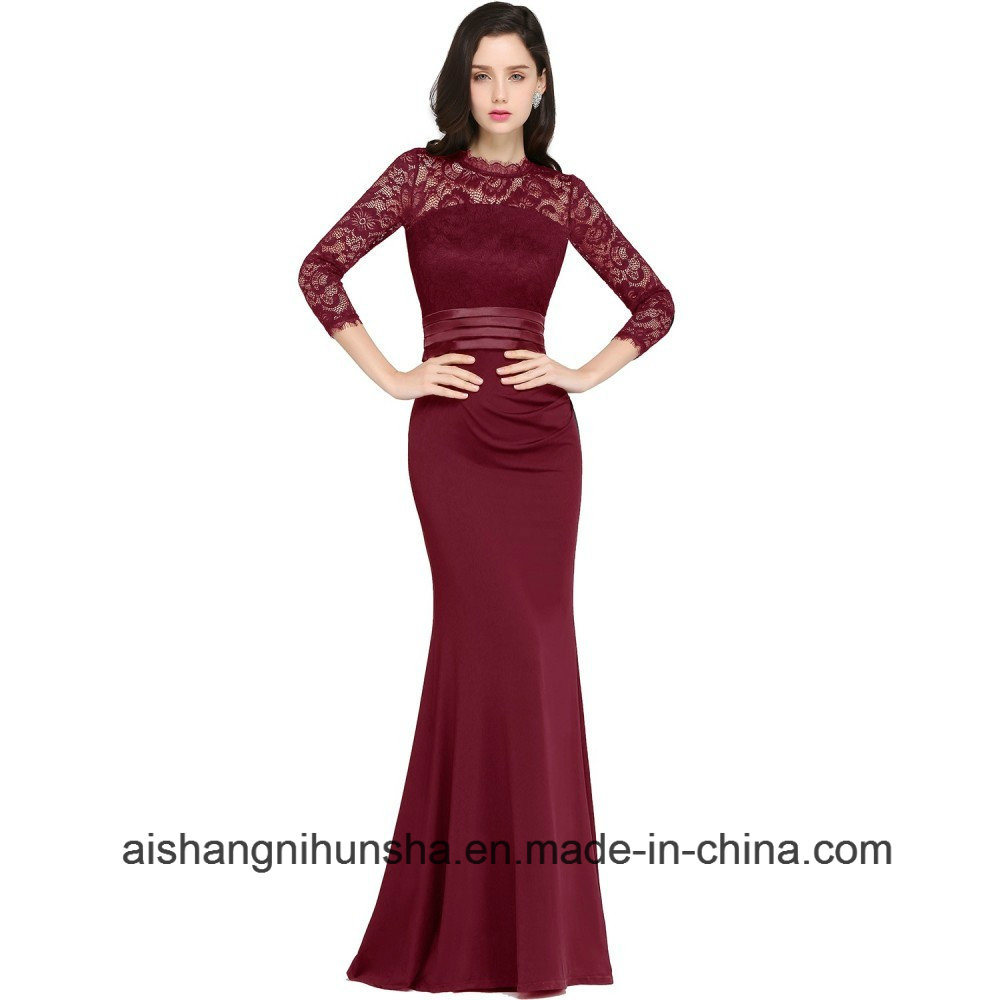 Burgundy Mermaid Long Evening Party Long Sleeve Lace Prom Dress