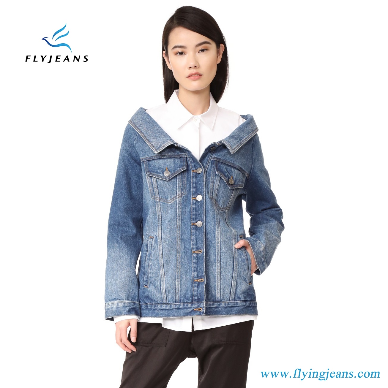 Boxy Denim Jacket for Women and Ladies with a Wide Shoulder-Baring Neckline