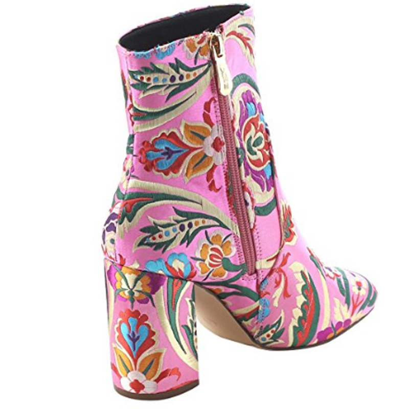 Women's Chunky High Heel Floral Embroidery Ankle Booties