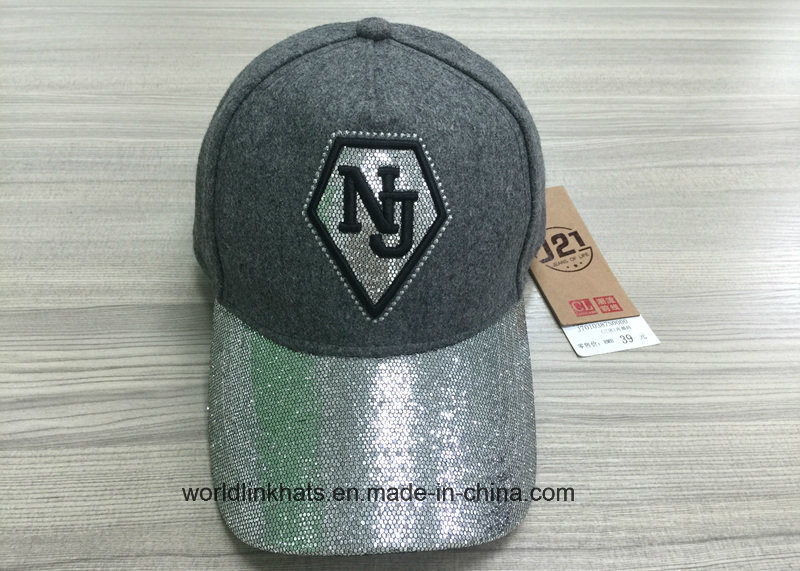 Custom Silver Metal Sports Cap Wool Embroidery Patch Baseball Cap