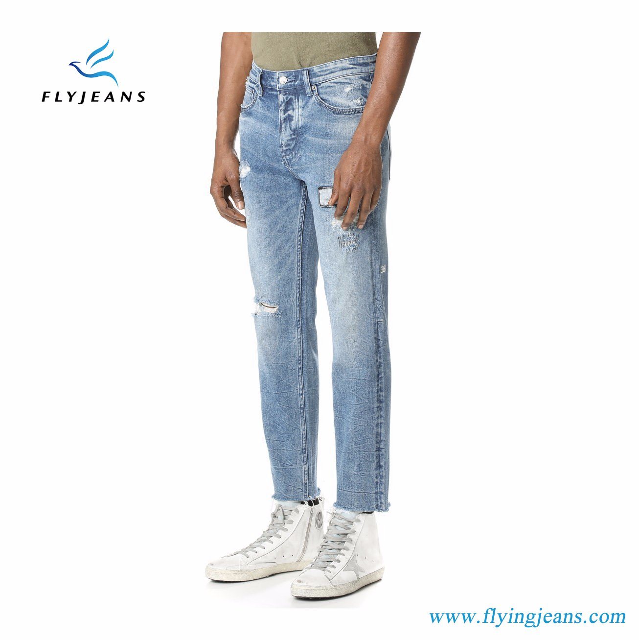 Distressed Blue Denim Jeans Have Shredded Holes for Men by Fly Jeans