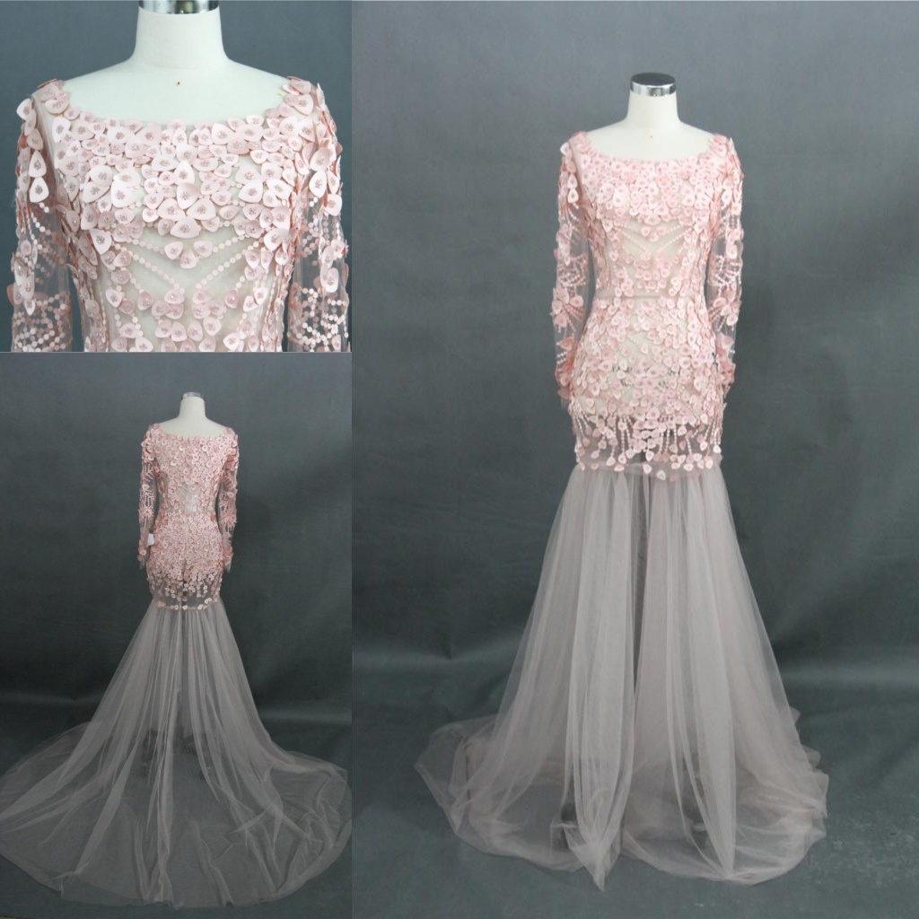 Sexy Heavy Beading Long Sleeves Pink Mermaid Evening Wear Gown