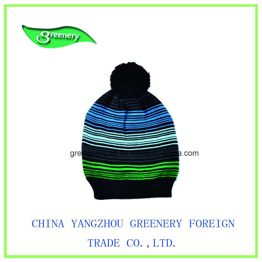 2017 New Design Striped Knit Hat with Ball