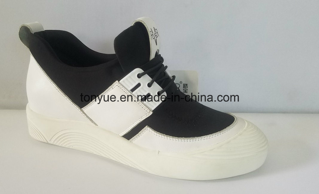 New High Quality Lady Sneakers Shoes with Leather & Elastin Canvas Combination Material