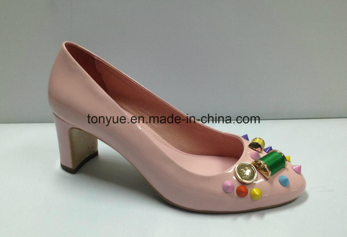 Hot Sales Fashion Chunky Heel Lady Leather Shoe with Rhinestones