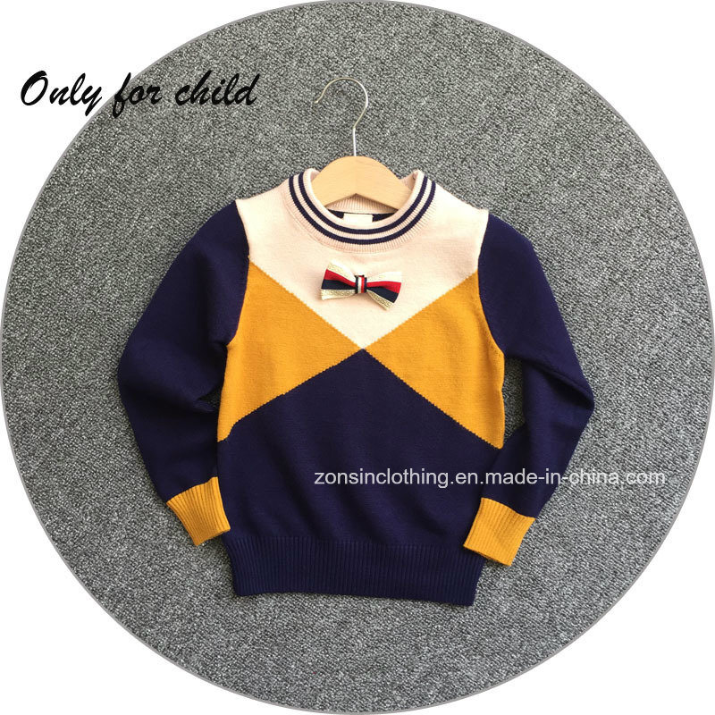 Pullover Color Blocking Sweater Chidren Clothes with Little Nice Bow