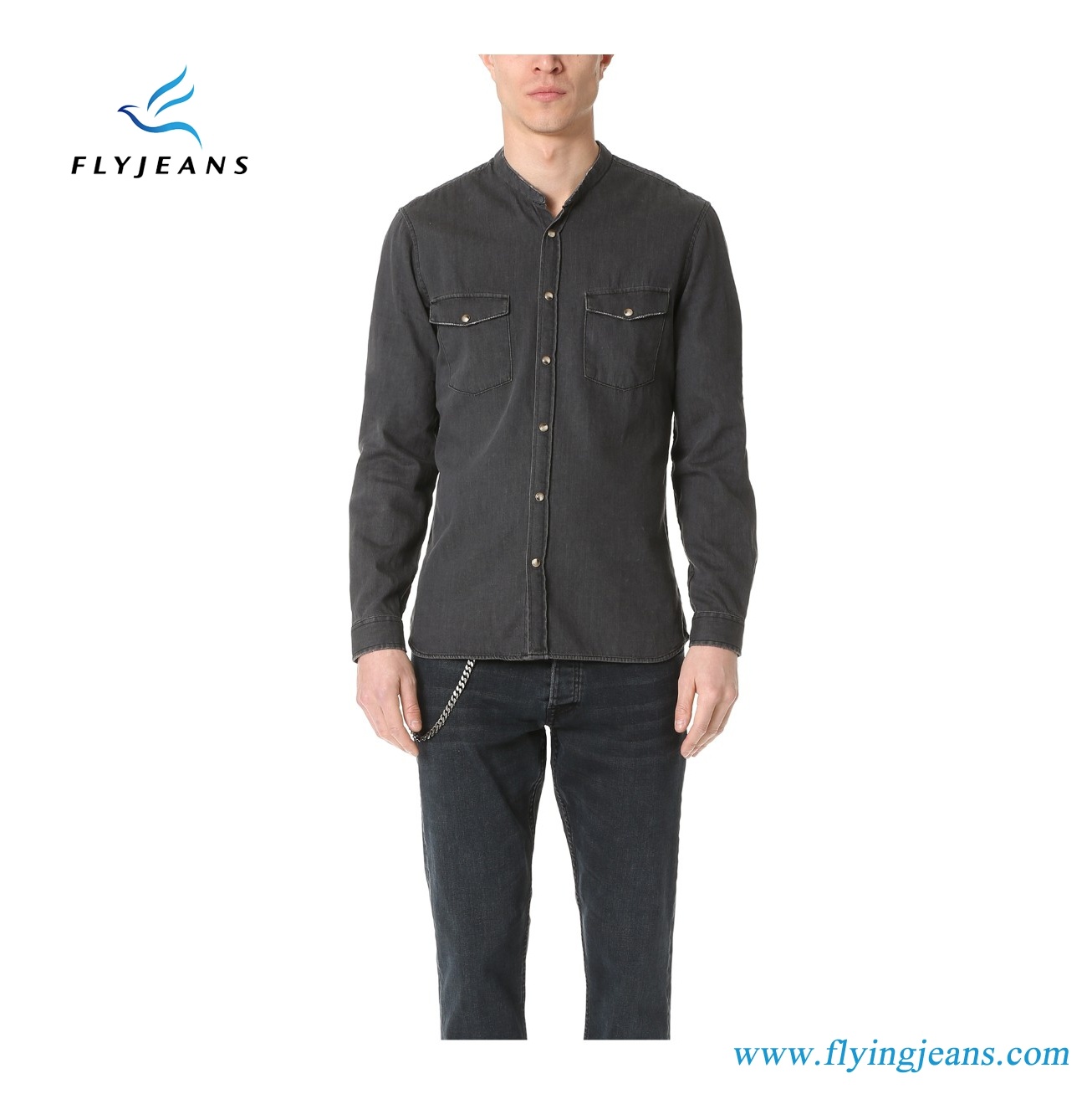 New Syle Collarless Imitation of The Old Black Denim Shirts by Fly Jeans