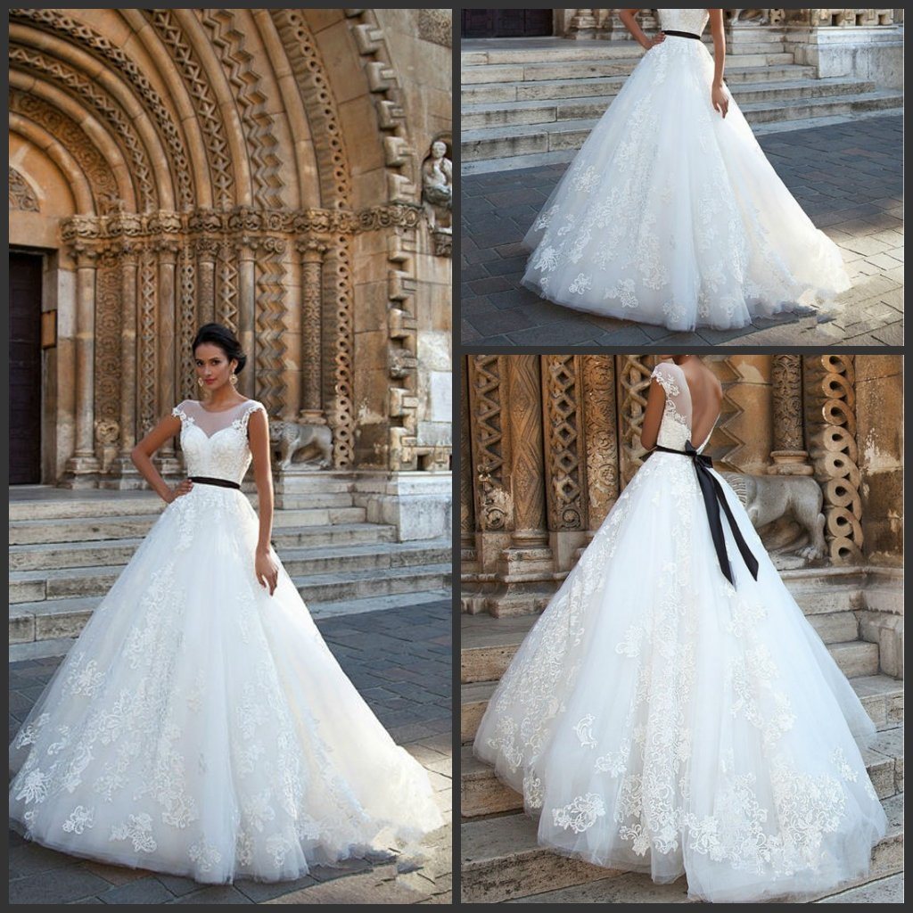 Black Sash Wedding Ball Gown Lace Appliqued Custom Bridal Dresses PV275