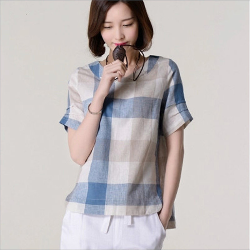Plus Size Linen Plaid Shirt for Ladies with Round Neck