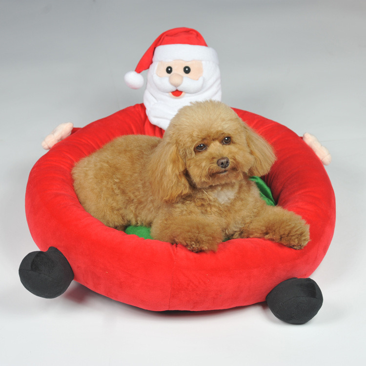 Design Christmas Dog Cushion Flocked Santa Claus Round Pet Beds