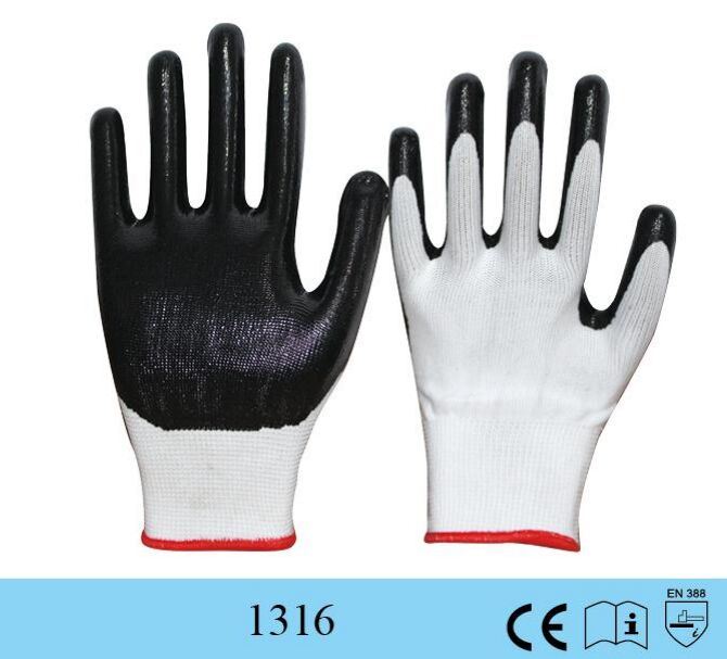 13G Polysterhand Safety Working Gloves with Black Nitrile Coated