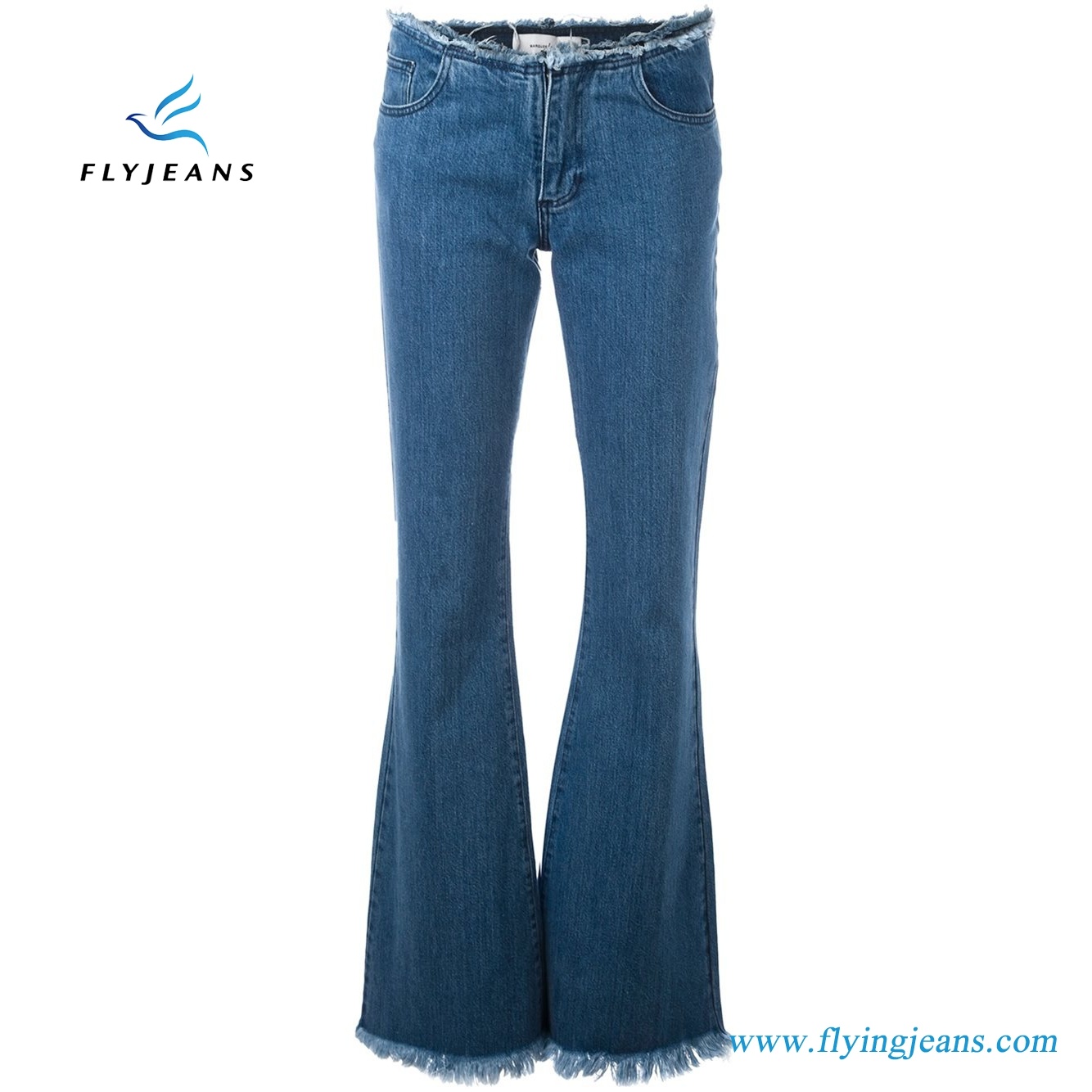 Fashion Women Stone Wash Blue Cotton Frayed Hem Flared Denim Jeans