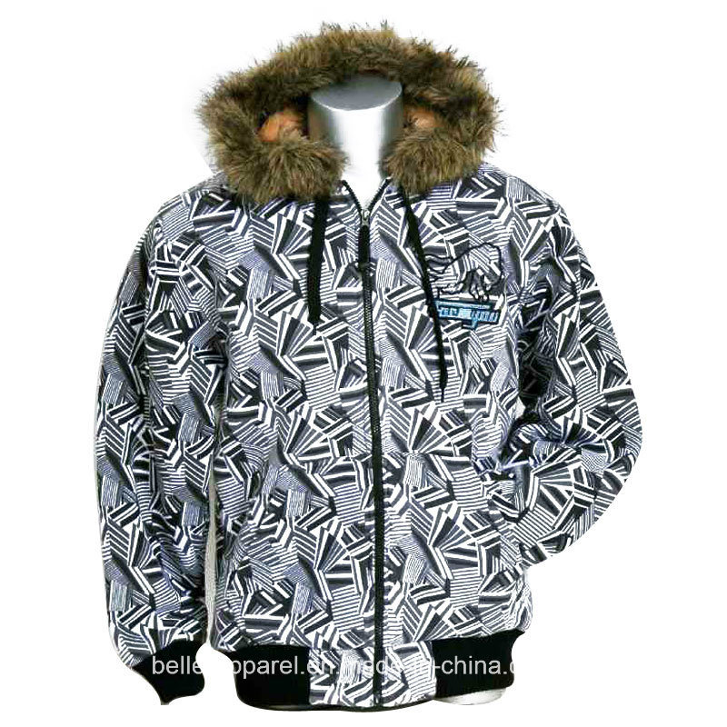 Men's Winter Printed Jacket with Fur Hoody