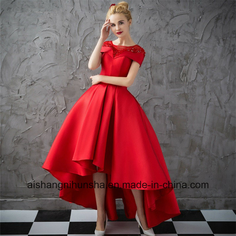 Women Cap Sleeve Ball Gown Red Satin Evening Prom Dress