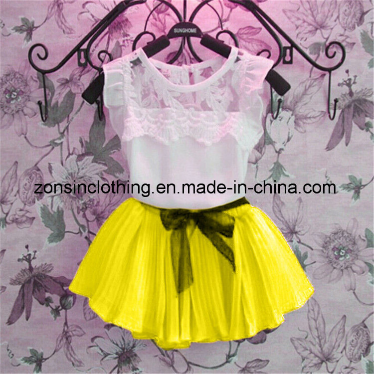 Girls' Summer 2-Piece Chiffon Dress Children Clothes with Lace on Shoulders