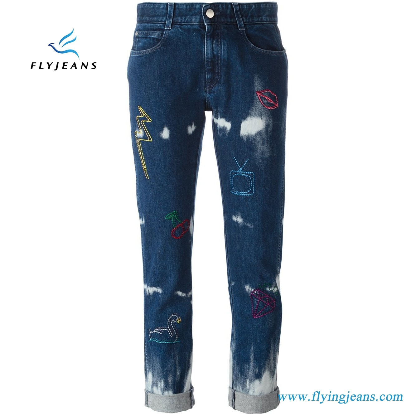 Blue Stretch Denim Embroidered Boyfriend Women Jeans
