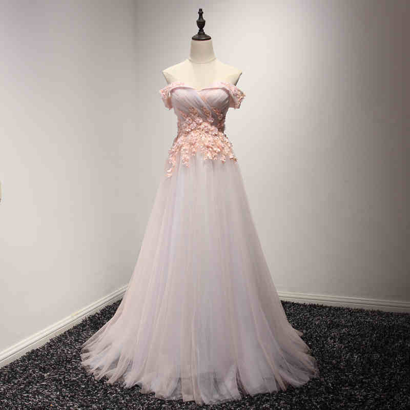 off-Shoulder Pink Beading Prom Gown Evening Dress