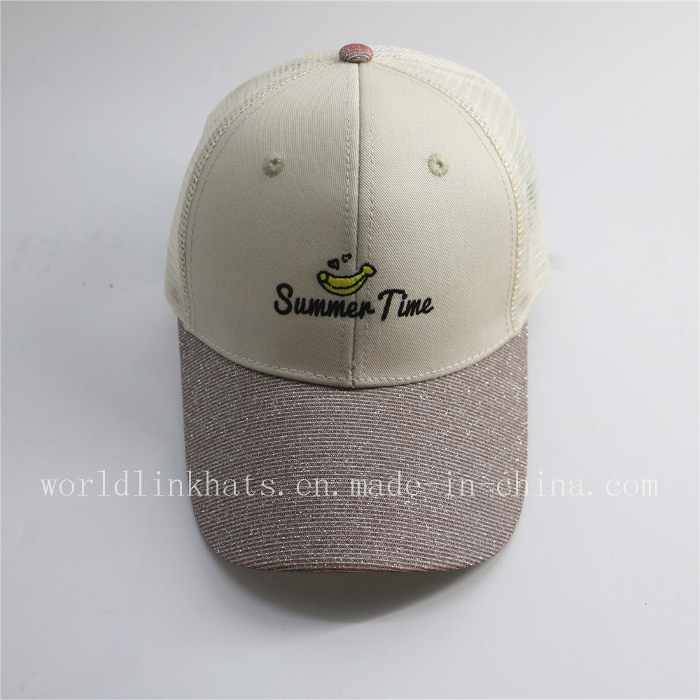 Cute Summer Embroidered Fruit Logo Trucker Cap with Paillette Brim