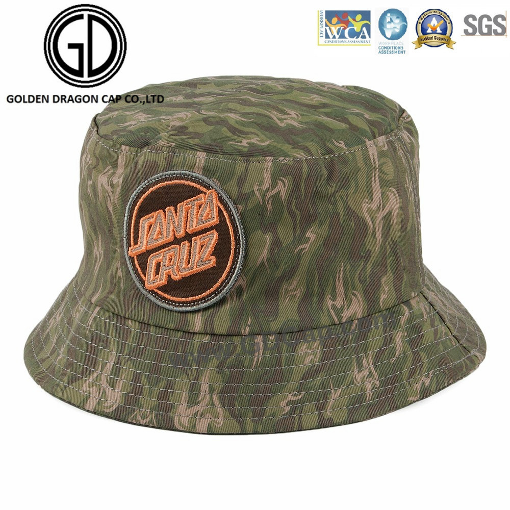 Top Quality Green Camo Sun Bucket Hat with Embroidery Badge