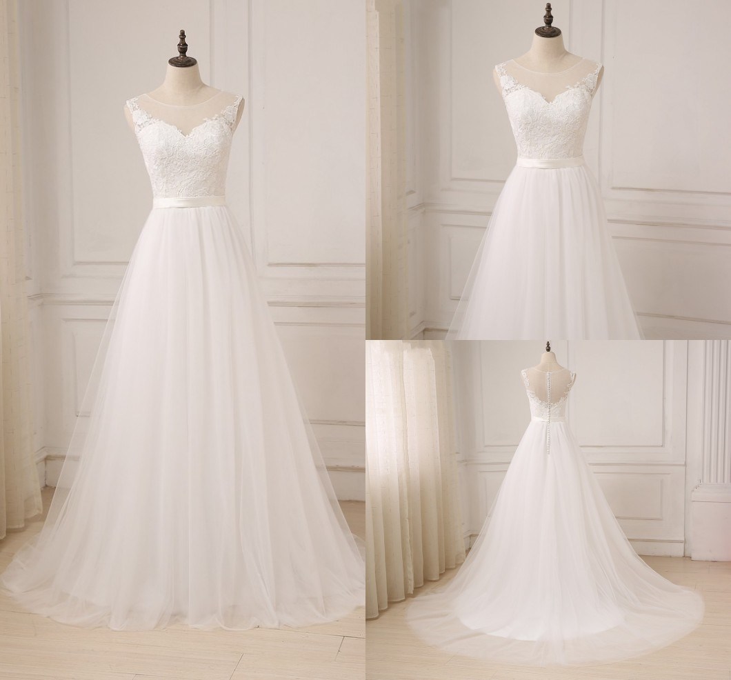 A-Line Lace Appliques White Long Tail Wedding Bridal Dresses