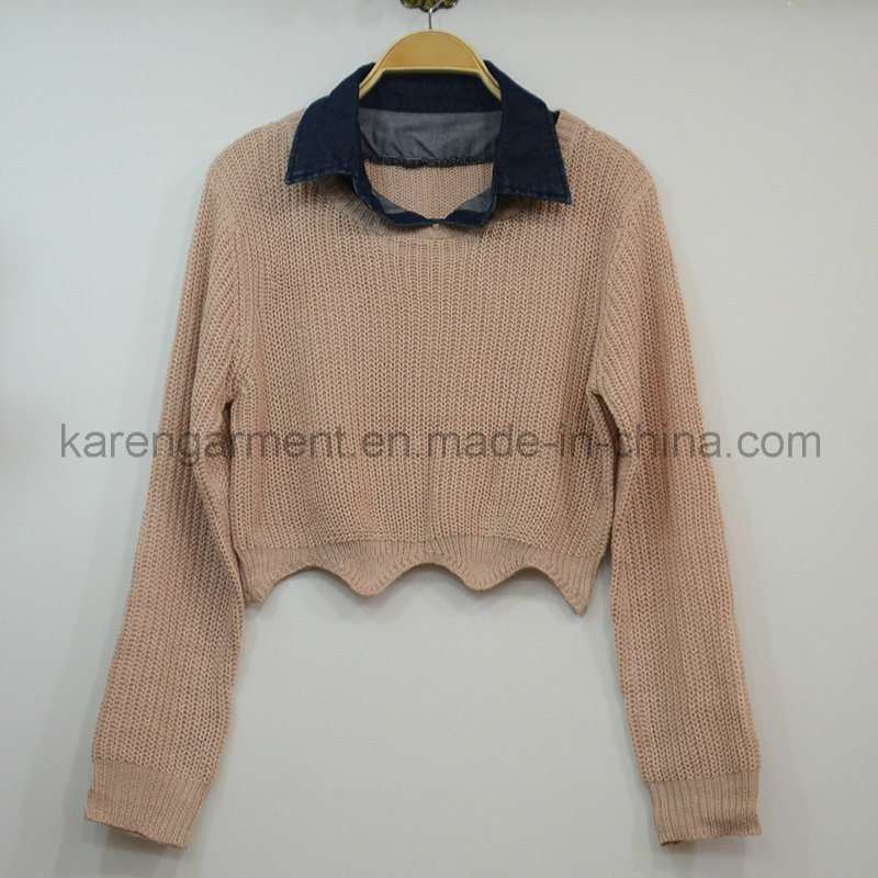 Denim Collar Scallop Cropped Sweater Petite Clothing