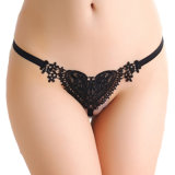 Cheap Wholesale Sexy Black Sweet Lace Heart Pearl G-String