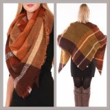 Brown/Burnt Orange Plaid Blanket Scarf with Fringe