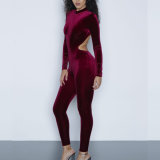 Fashion Women Sexy Slim Velvet Blackless Jumpsuit Suit