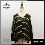 Women V-Neck Gold Stripes and Black Knitted Sweater