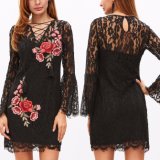 Fashion Women Sexy Lace Rose Flower Embroidery Bandage Dress