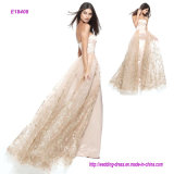 New Fashion Strapless Satin Column Evening Dress with a Tulle and Gold Floral Applique Over Skirt
