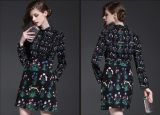 2015 Newest Hot Sale Autumn European and American High-End Long Sleeve Stand Collar Women's Floral Chiffon Dress