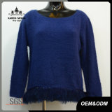 Women Blue Feather Hem Sweater