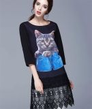 2015 Large Size Seven Point Sleeve Chiffon Dress/ Owl Printed Dress for Women D1598