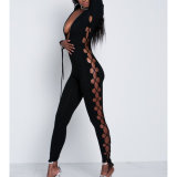 Fashion Women Sexy Slim V-Neck Hollow Side Bandage Jumpsuit Pants