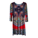 Women's Placement Print Milk Fiber Dress with Half Sleeve