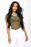 Ladies See-Through Round Collar Bodysuit Tops with Short Sleeve Bodysuit Tops