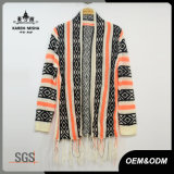 Ladies Stripes Fringe Hem Cardigan Sweater