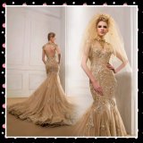 Mermaid Bridal Prom Evening Gowns Gold Backless Champagne Wedding Dress Rr2001