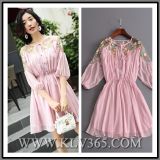 Latest Fashion Lady Clothing Summer Pink Half Sleeve Sweet Party Dress