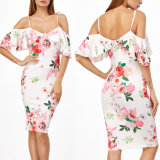 Fashion Women Sexy Slim Chiffon Printed V-Neck Ruffle Slip Dress