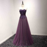 Purple Beading Flower Prom Bridesmaid Gown Evening Dress