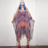 Quality Plus Size Chiffon Print Kaftan Dress with Batwing Sleeves