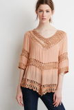 Women Fashion 3/4 Sleeves Macrame-Trimmed T-Shirt