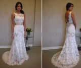 Sleeveless V-Neck Back Lace Sheath Boat Bridal Wedding Dress (W342)
