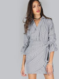 2017 New Designs Women Hot Sale Tie Cuff Pinstripe Wrap Dresses