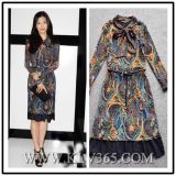 Long Sleeve Fashion Print Silk Dress for Ladies