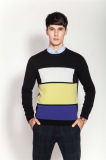 Rib Knit Round Neck Men Intarsia 100%Cashmere Sweater