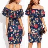 Fashion Women Flower Printed off Shoulder Ruffle Party Dress