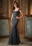 Customize Square Neck Beading Mermaid Ladies Grey Evening Dress